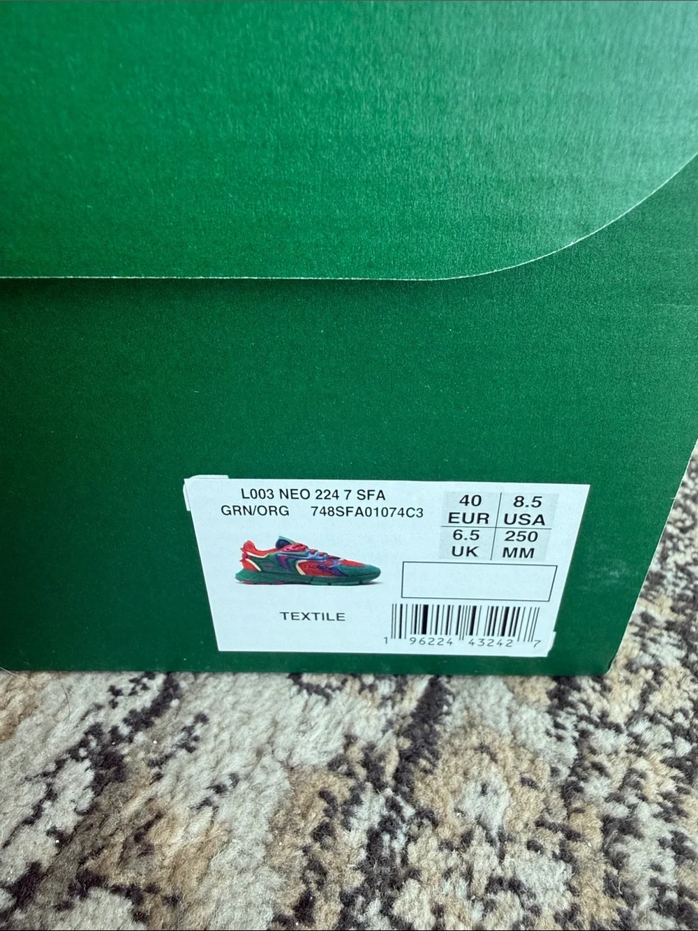 Lacoste size 8.5 L003 Neo 224 Vibrant Green/orange/Blue Sneakers